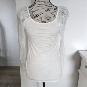 FOR G AND PL | Women's White Long Mesh Polka Dot Sleeved  Fitted Top